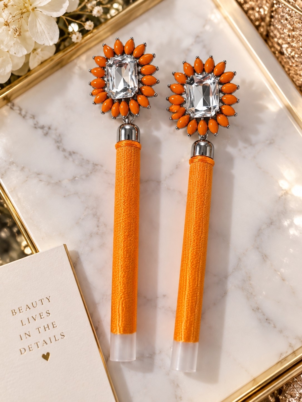 Elegant Orange Tassel Drop Earrings with Crystal Accents